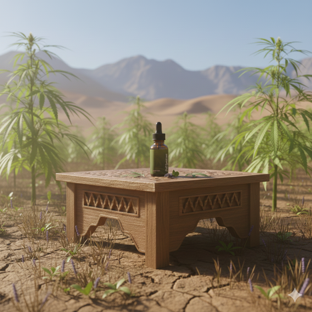 Illustration de l'huile cbd full spectrum, inédite et authentique, reflétant la culture marocaine