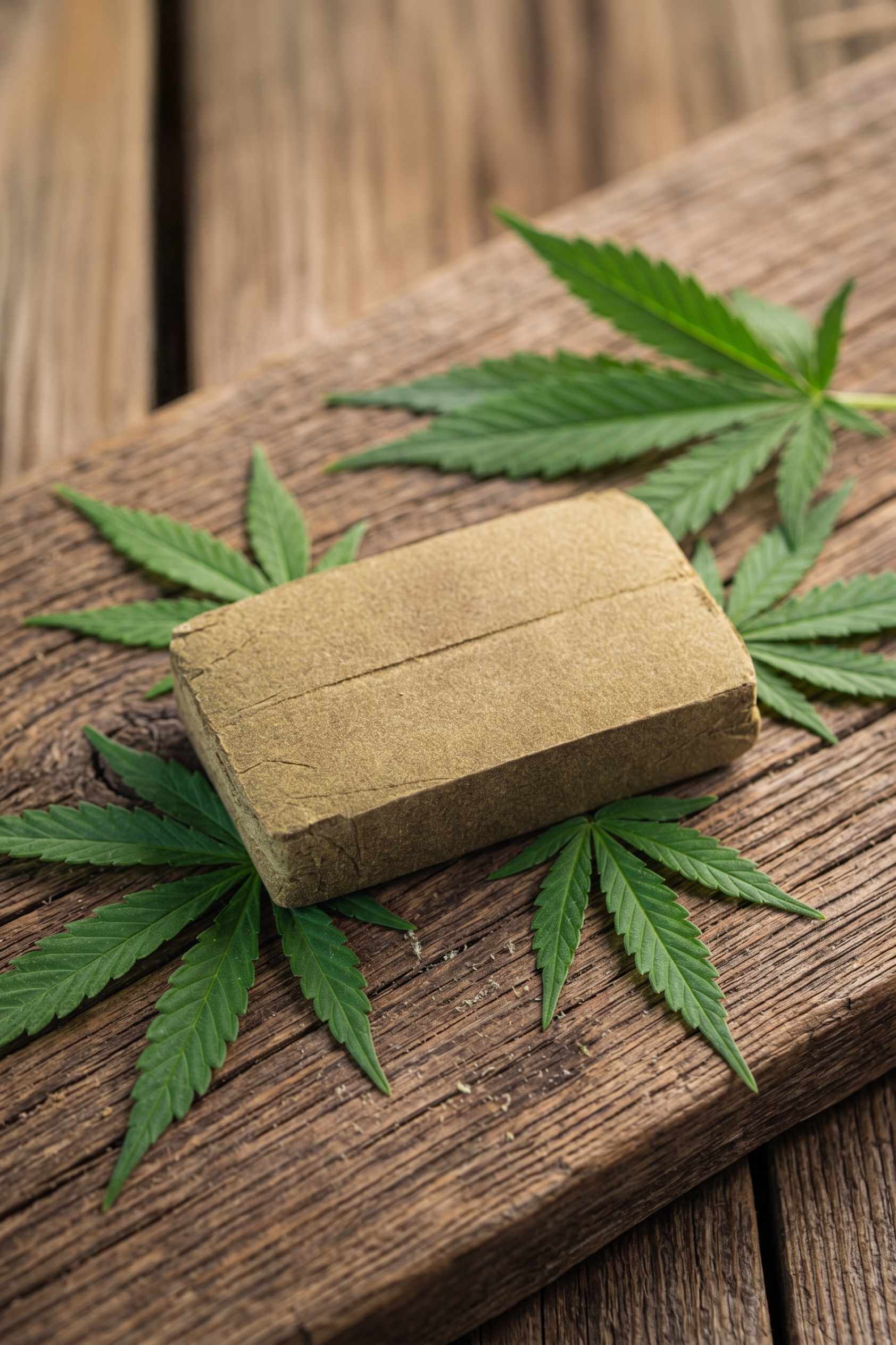 Bloc de hash CBD artisanal marocain sur bois avec feuilles de cannabis fraîches