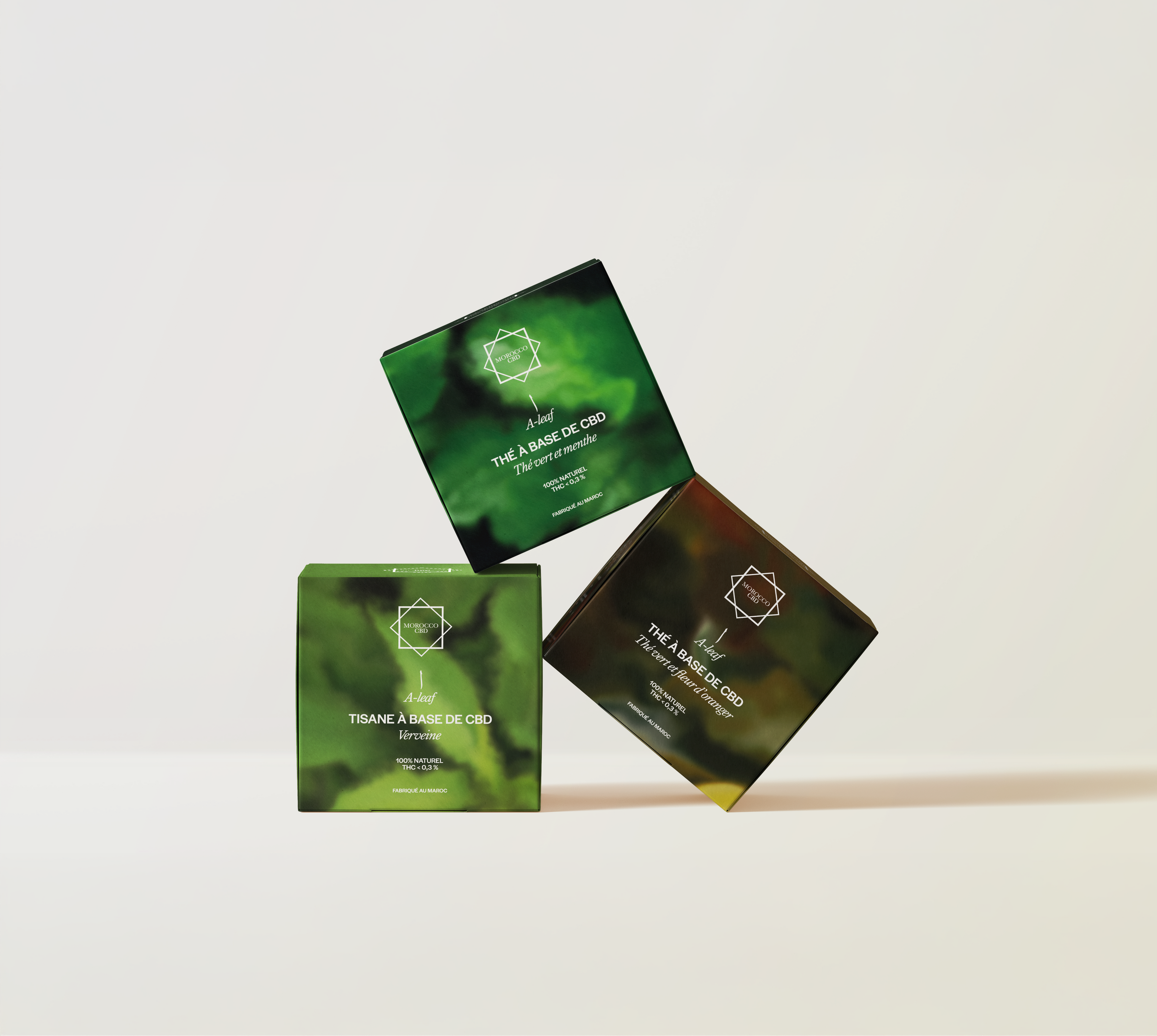 Photo de la gamme d'infusion CBD A-leaf à base de Verveine, Fleur d'oranger, Camomille, Menthe