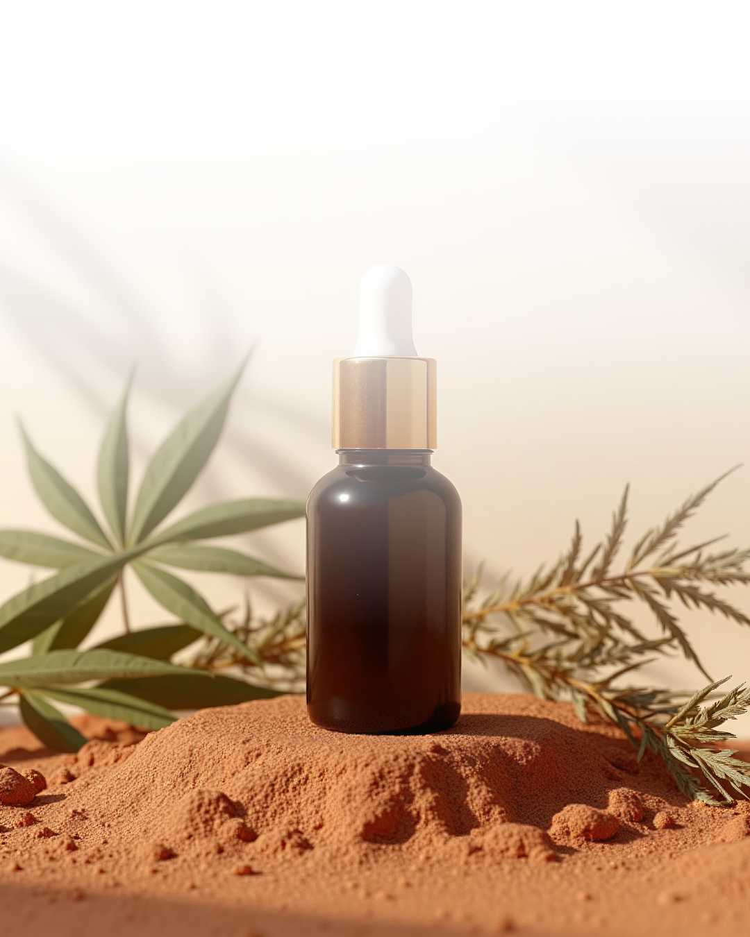 Huile CBD artisanale Maroc sur sable avec feuilles de cannabis, produit légal livraison Europe